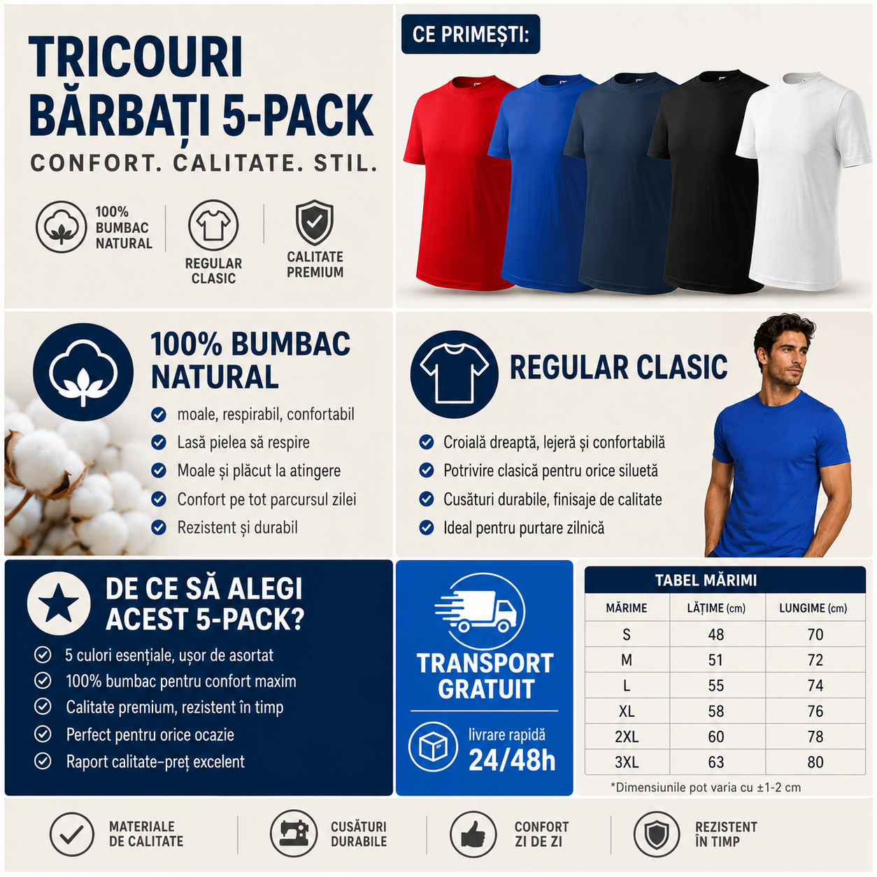 Set 5 tricouri bărbați 100% bumbac alb negru albastru marin roșu și albastru S-3XL